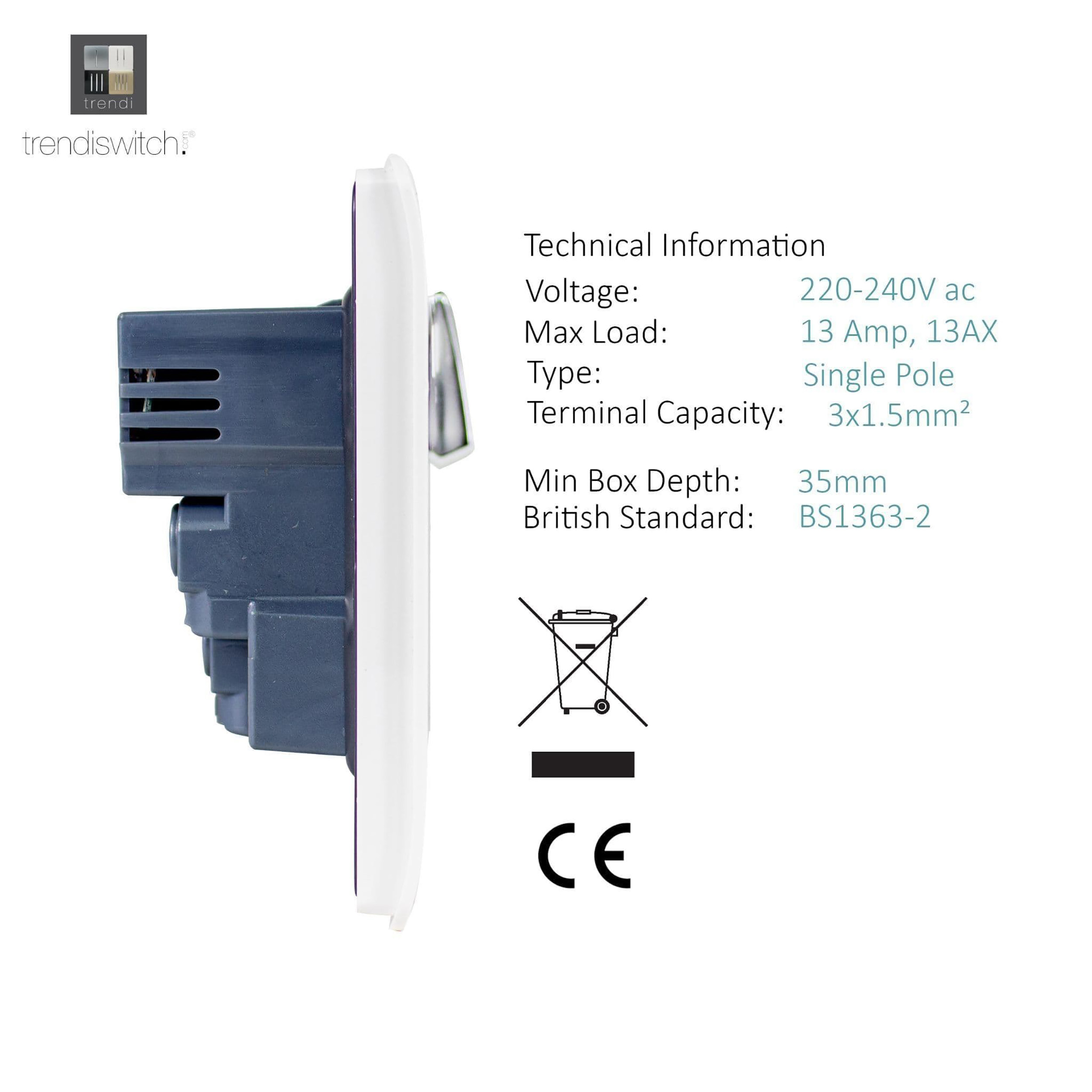1 Gang Switched Single Socket 13A With 2 x USB-A 10W (Shared) With Neon Insert Ice White ART-SKT13USBWH  Trendi Ice White